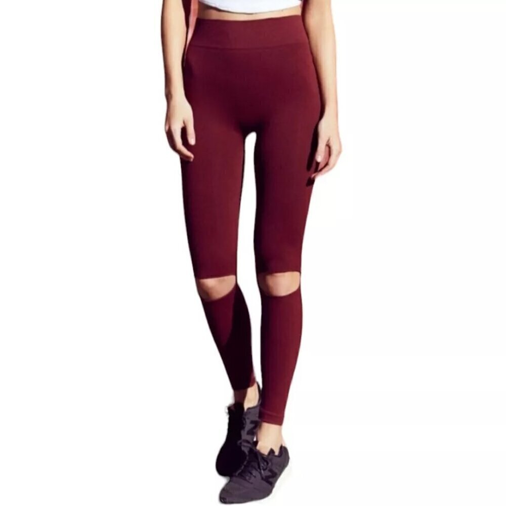 Free People Movement Maroon Ryanne Yoga‎ Ribbed Cutout Knee Leggings